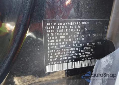 2015 Volkswagen Tiguan S from USA, damaged, VIN WVGAV7AX7FW523477
